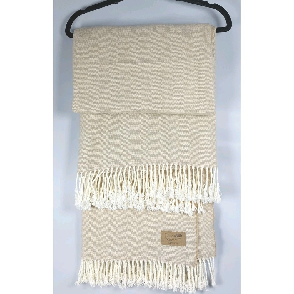 Lands Downunder Herringbone Throw Blanket Beige Made In Italy 51"x56" Super Soft